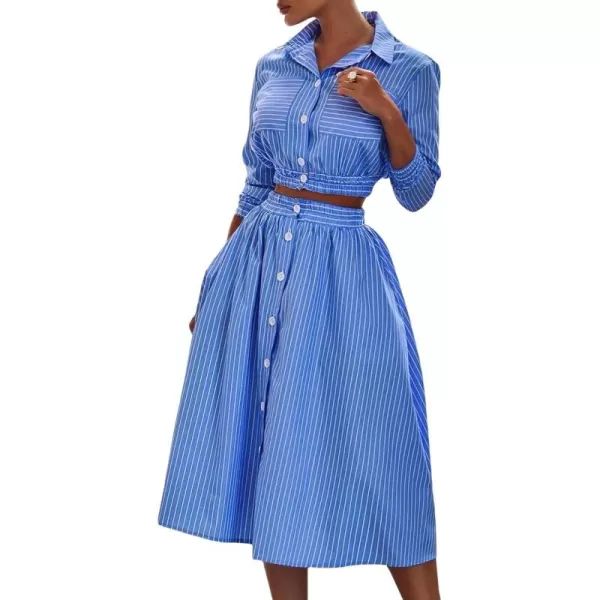 imagechouyatou Womens Spring Summer 2 Piece Outfits Stripe Button Down Shirt Top Midi Skater Skirt SetsBlue