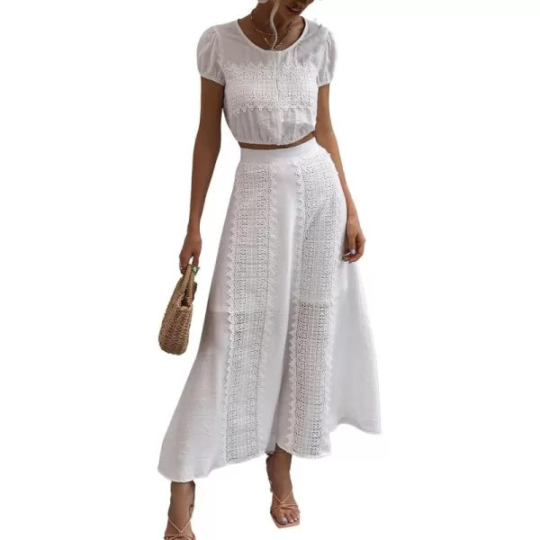 imagechouyatou Womens Summer 2 Piece Outfits Vacation Beach Lace Short Sleeve Crop Top Maxi Skirt SetsWhite