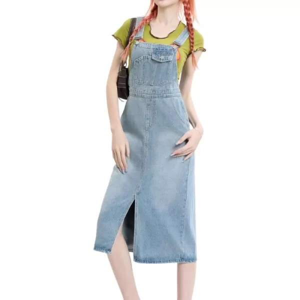 imagechouyatou Womens Summer Adjustable Strap Denim Overalls Dress Casual ALine Jean Overall SkirtLight Blue