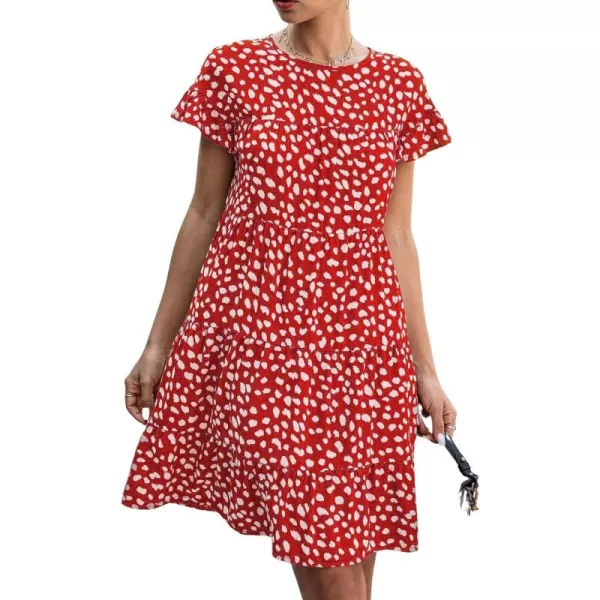 imagechouyatou Womens Summer Babydoll Loose Short Sleeve Floral Printed Boho Flared Tiered Sun DressRusty