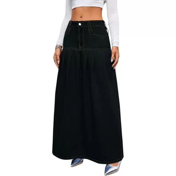 imagechouyatou Womens Summer Casual Flared High Waist Long Jean Skirt Pleated ALine Maxi Denim SkirtBlack