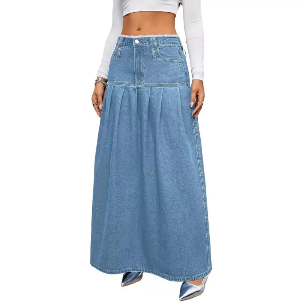 imagechouyatou Womens Summer Casual Flared High Waist Long Jean Skirt Pleated ALine Maxi Denim SkirtLight Blue