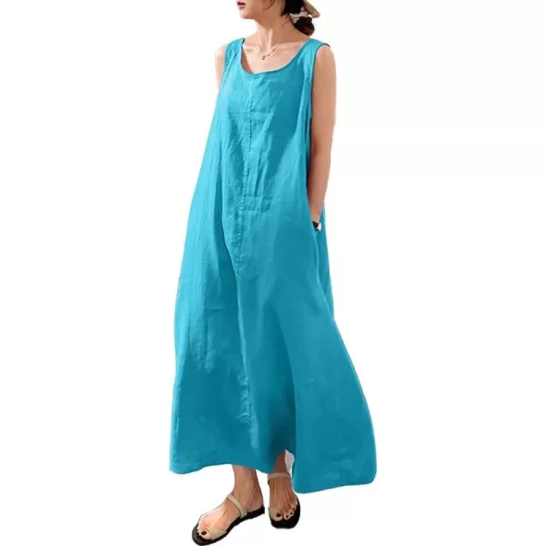 imagechouyatou Womens Summer Casual Sleeveless Cotton Sun Dress Maxi Tunic Tank Beach Dress with PocketTurquoise Blue