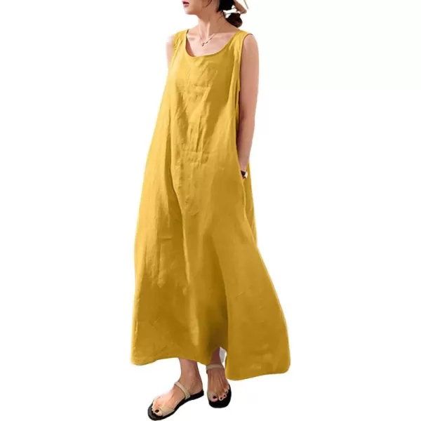 imagechouyatou Womens Summer Casual Sleeveless Cotton Sun Dress Maxi Tunic Tank Beach Dress with PocketYellow