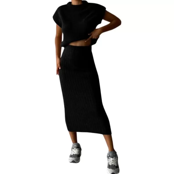 imagechouyatou Womens Two Piece Knit Sets Sleeveless Sweater Bodycon Skirt 2 Piece Outfits LoungewearBlack