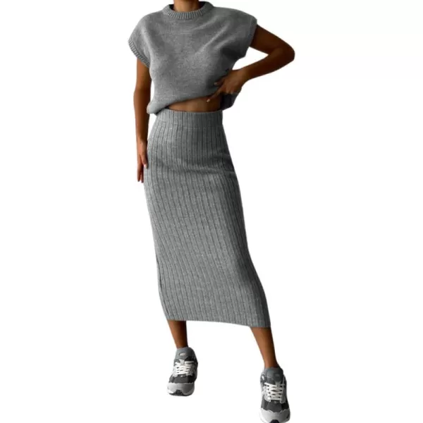 imagechouyatou Womens Two Piece Knit Sets Sleeveless Sweater Bodycon Skirt 2 Piece Outfits LoungewearGrey