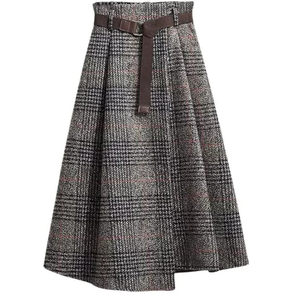 imagechouyatou Womens Vintage Plaid Wool Blend Midi Skirt Houndstooth A Line Wool Long Skirt with BeltGray