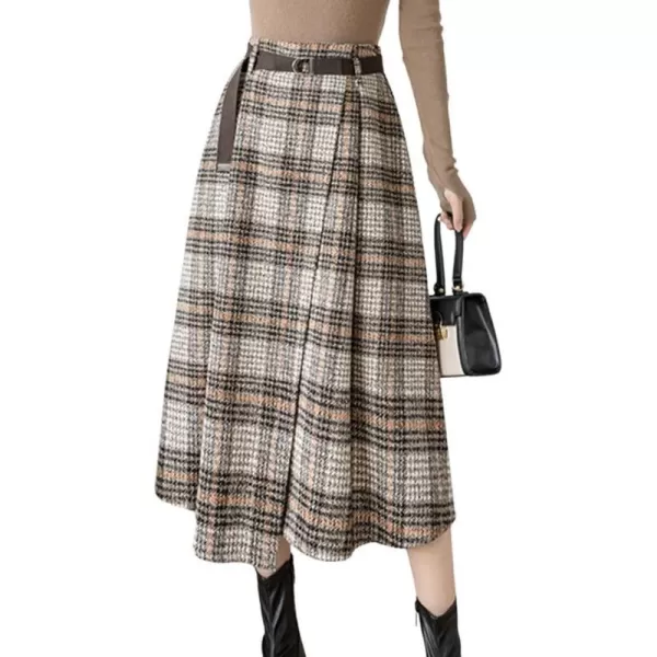 imagechouyatou Womens Vintage Plaid Wool Blend Midi Skirt Houndstooth A Line Wool Long Skirt with BeltKhaki