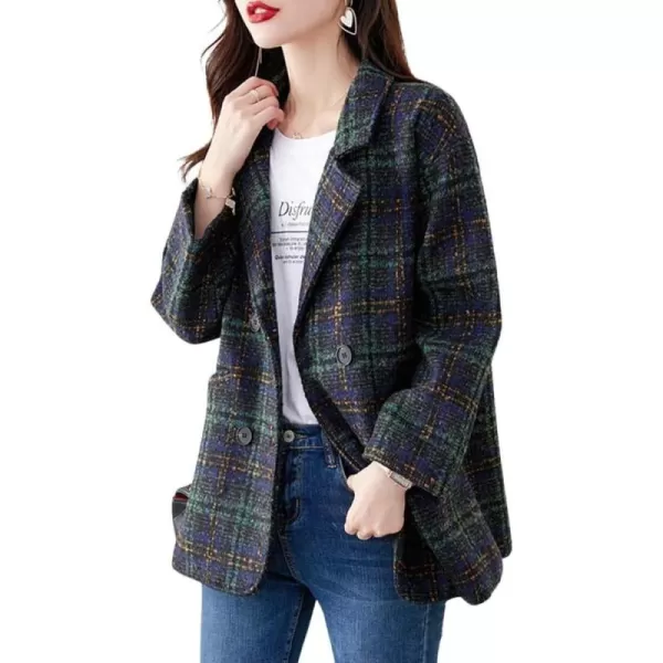 imagechouyatou Womens Winter Plaid Wool Blazer Lapel Collar Double Breasted Plaid Wool Pea Coat OvercoatDark Green