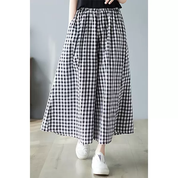 chouyatou Womens Summer Casual Cotton Linen Pants Culottes Plaid Gingham Wide Leg Capri Palazzo PantsBlack