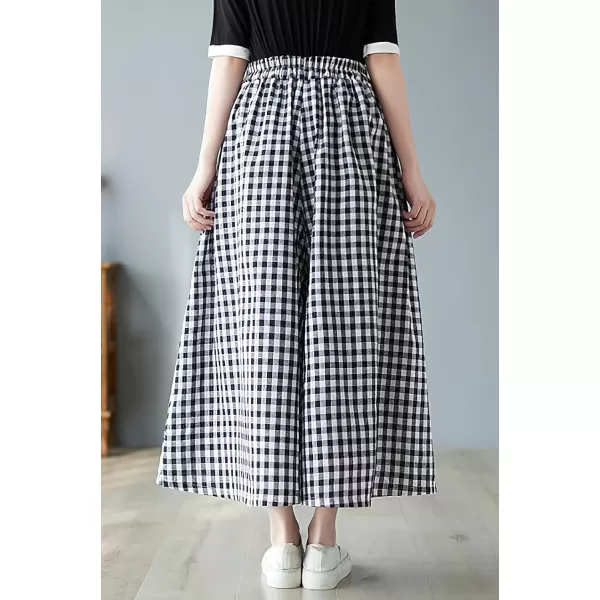 chouyatou Womens Summer Casual Cotton Linen Pants Culottes Plaid Gingham Wide Leg Capri Palazzo PantsBlack