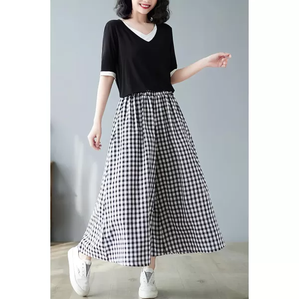 chouyatou Womens Summer Casual Cotton Linen Pants Culottes Plaid Gingham Wide Leg Capri Palazzo PantsBlack