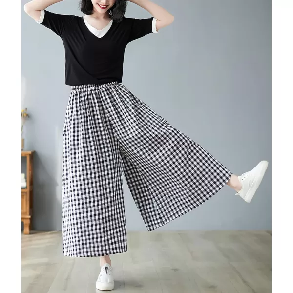 chouyatou Womens Summer Casual Cotton Linen Pants Culottes Plaid Gingham Wide Leg Capri Palazzo PantsBlack