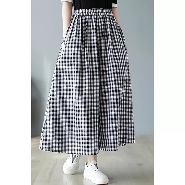 chouyatou Womens Summer Casual Cotton Linen Pants Culottes Plaid Gingham Wide Leg Capri Palazzo PantsBlack