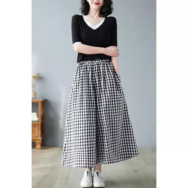 chouyatou Womens Summer Casual Cotton Linen Pants Culottes Plaid Gingham Wide Leg Capri Palazzo PantsBlack