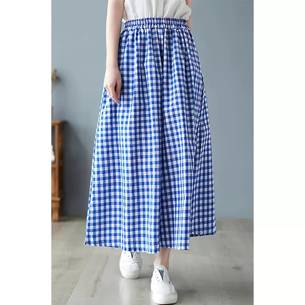 chouyatou Womens Summer Casual Cotton Linen Pants Culottes Plaid Gingham Wide Leg Capri Palazzo PantsBlue