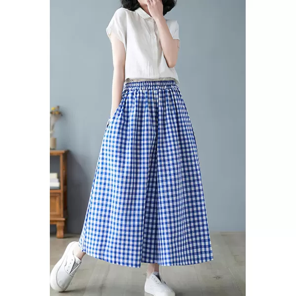 chouyatou Womens Summer Casual Cotton Linen Pants Culottes Plaid Gingham Wide Leg Capri Palazzo PantsBlue