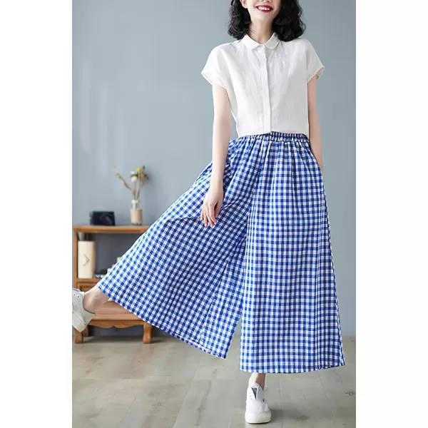 chouyatou Womens Summer Casual Cotton Linen Pants Culottes Plaid Gingham Wide Leg Capri Palazzo PantsBlue