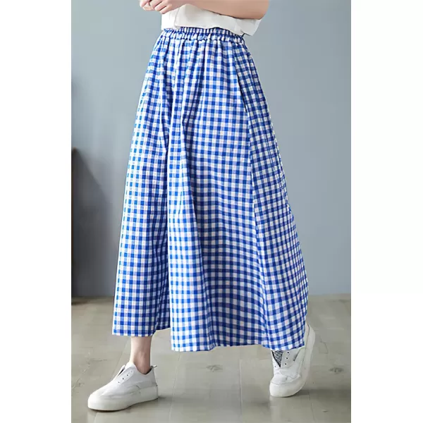 chouyatou Womens Summer Casual Cotton Linen Pants Culottes Plaid Gingham Wide Leg Capri Palazzo PantsBlue