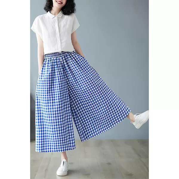 chouyatou Womens Summer Casual Cotton Linen Pants Culottes Plaid Gingham Wide Leg Capri Palazzo PantsBlue