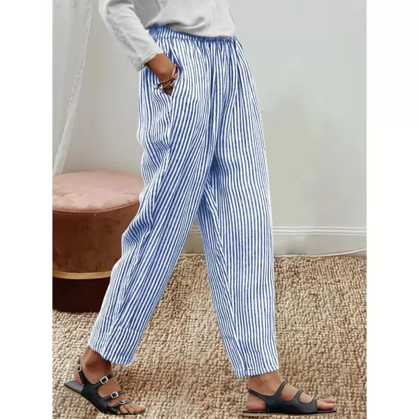 chouyatou Womens Vertical Striped Wide Leg Cropped Pants High Elastic Waisted Palazzo Pants with PocketsBlue