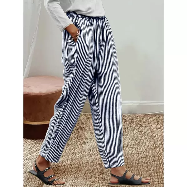 chouyatou Womens Vertical Striped Wide Leg Cropped Pants High Elastic Waisted Palazzo Pants with PocketsNavy