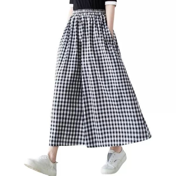 chouyatou Womens Summer Casual Cotton Linen Pants Culottes Plaid Gingham Wide Leg Capri Palazzo PantsBlack