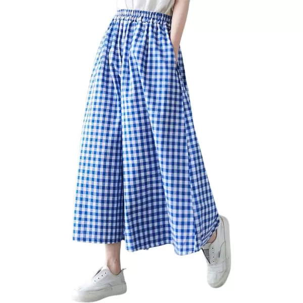 chouyatou Womens Summer Casual Cotton Linen Pants Culottes Plaid Gingham Wide Leg Capri Palazzo PantsBlue