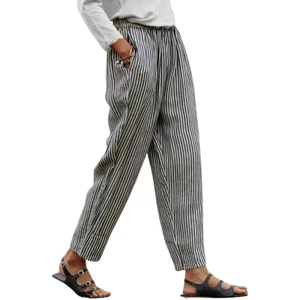 chouyatou Womens Vertical Striped Wide Leg Cropped Pants High Elastic Waisted Palazzo Pants with PocketsBlack and White