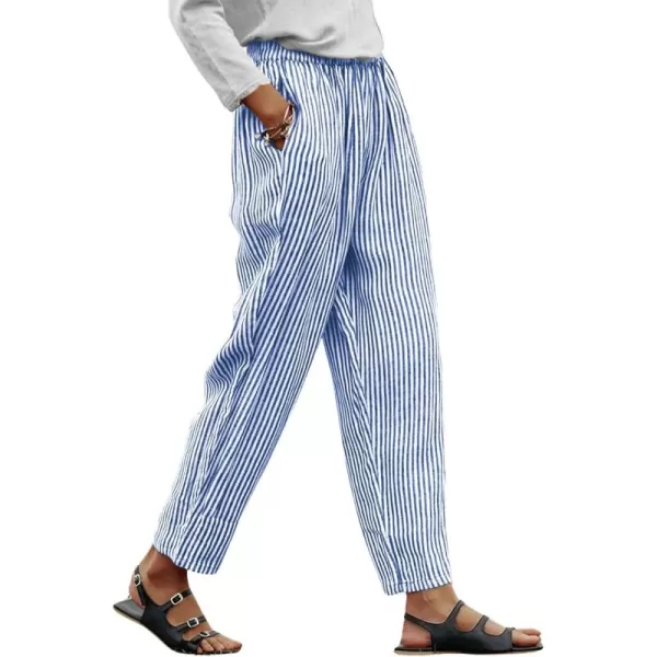 chouyatou Womens Vertical Striped Wide Leg Cropped Pants High Elastic Waisted Palazzo Pants with PocketsBlue