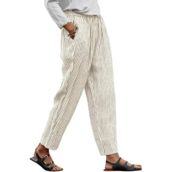 chouyatou Womens Vertical Striped Wide Leg Cropped Pants High Elastic Waisted Palazzo Pants with PocketsKhaki