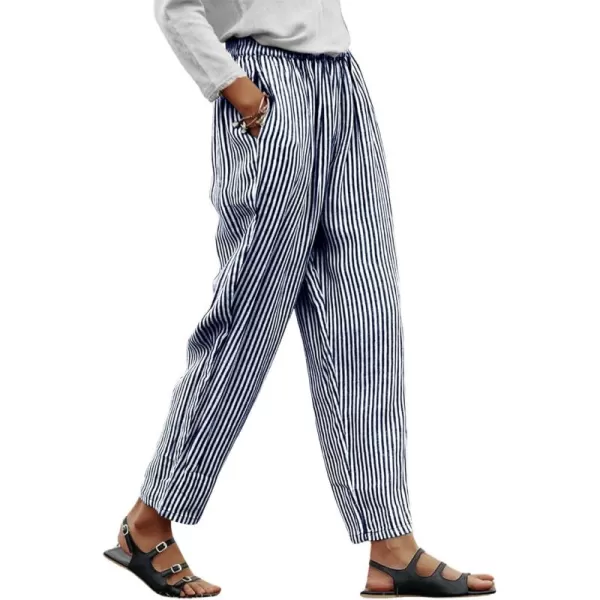 chouyatou Womens Vertical Striped Wide Leg Cropped Pants High Elastic Waisted Palazzo Pants with PocketsNavy