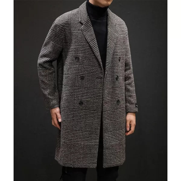 imagechouyatou Mens Casual Plaid Wool Trench Coat Double Breasted Notched Collar Wool Blend Pea Coat with PocketsCoffee