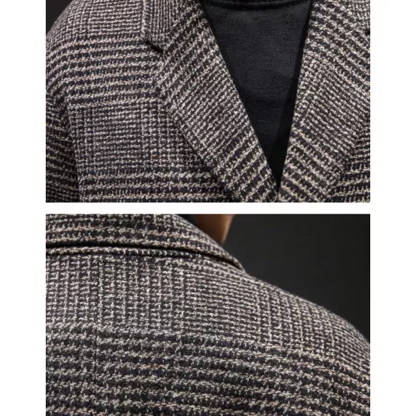 imagechouyatou Mens Casual Plaid Wool Trench Coat Double Breasted Notched Collar Wool Blend Pea Coat with PocketsCoffee
