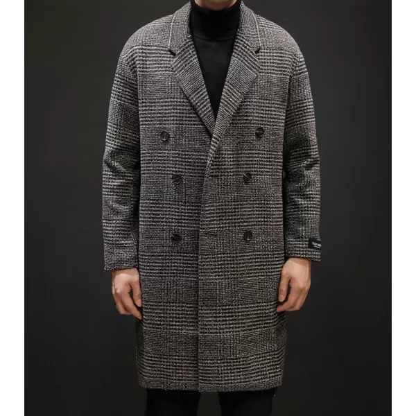 imagechouyatou Mens Casual Plaid Wool Trench Coat Double Breasted Notched Collar Wool Blend Pea Coat with PocketsCoffee