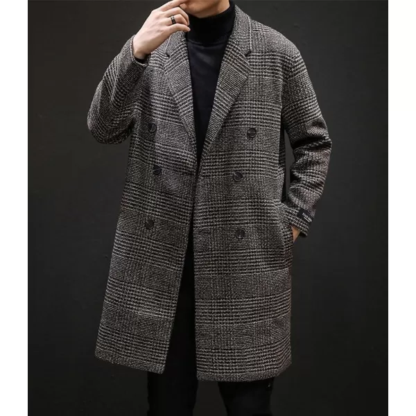 imagechouyatou Mens Casual Plaid Wool Trench Coat Double Breasted Notched Collar Wool Blend Pea Coat with PocketsCoffee