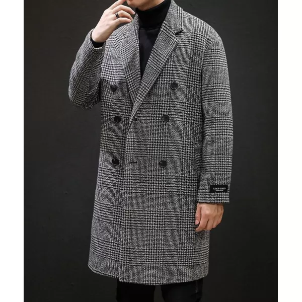 imagechouyatou Mens Casual Plaid Wool Trench Coat Double Breasted Notched Collar Wool Blend Pea Coat with PocketsGray