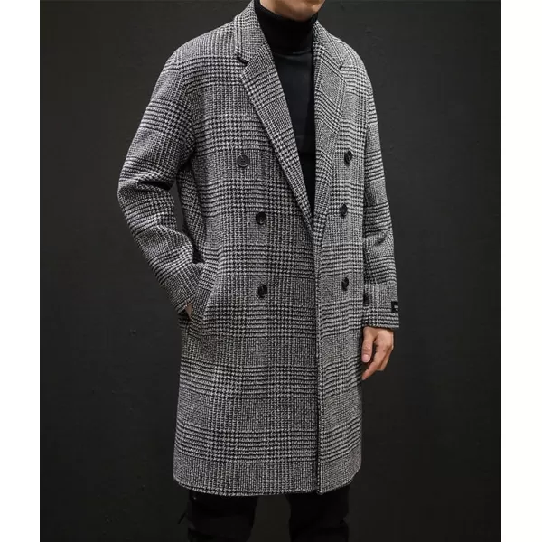 imagechouyatou Mens Casual Plaid Wool Trench Coat Double Breasted Notched Collar Wool Blend Pea Coat with PocketsGray