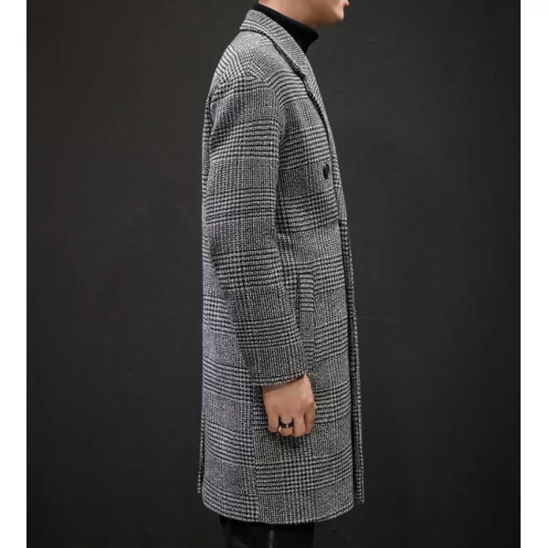 imagechouyatou Mens Casual Plaid Wool Trench Coat Double Breasted Notched Collar Wool Blend Pea Coat with PocketsGray