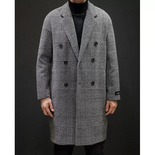 imagechouyatou Mens Casual Plaid Wool Trench Coat Double Breasted Notched Collar Wool Blend Pea Coat with PocketsGray