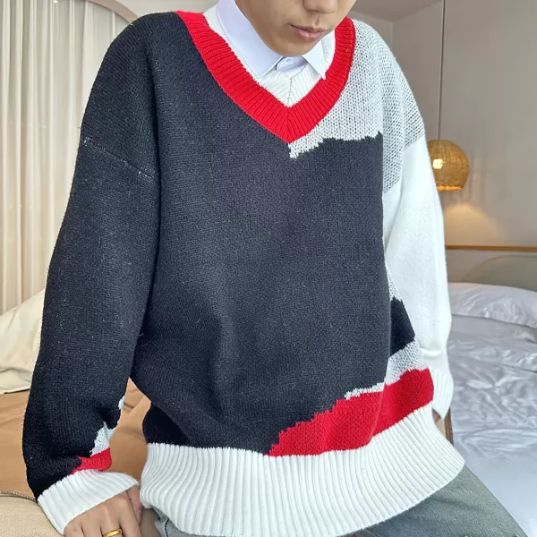 imagechouyatou Mens Color Block Striped VNeck Sweater Long Sleeve Loose Pullover Cable Knit Jumper TopBlack