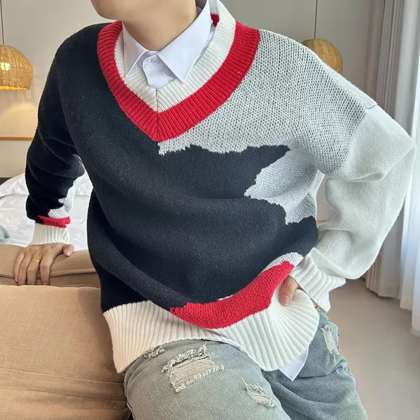 imagechouyatou Mens Color Block Striped VNeck Sweater Long Sleeve Loose Pullover Cable Knit Jumper TopBlack