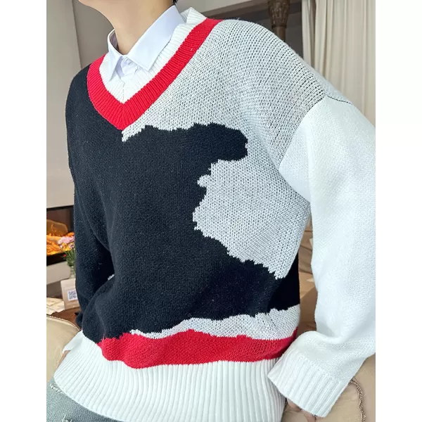 imagechouyatou Mens Color Block Striped VNeck Sweater Long Sleeve Loose Pullover Cable Knit Jumper TopBlack