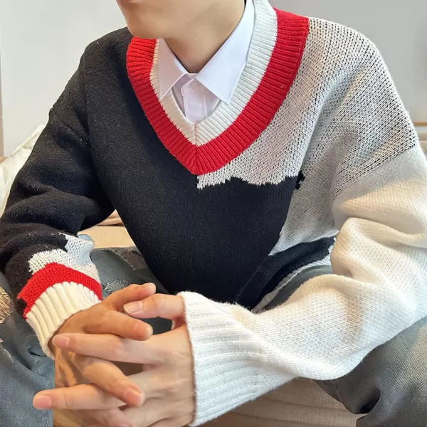 imagechouyatou Mens Color Block Striped VNeck Sweater Long Sleeve Loose Pullover Cable Knit Jumper TopBlack