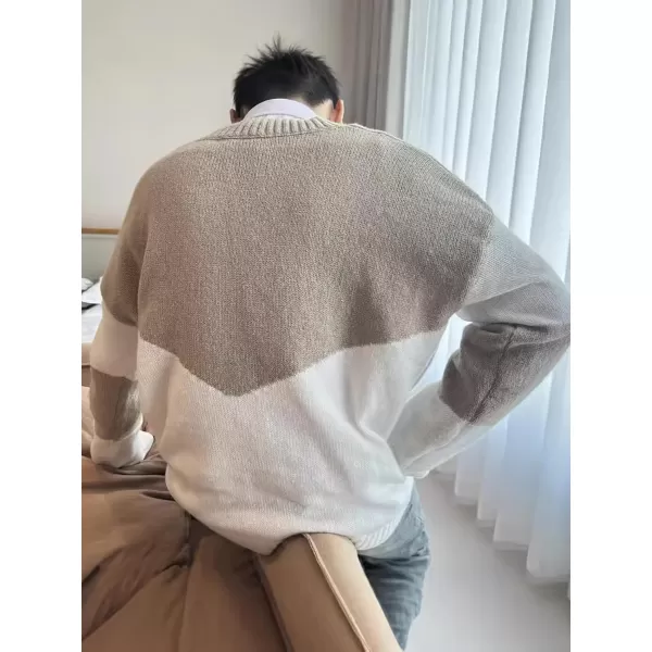 imagechouyatou Mens Color Block Striped VNeck Sweater Long Sleeve Loose Pullover Cable Knit Jumper TopGrey