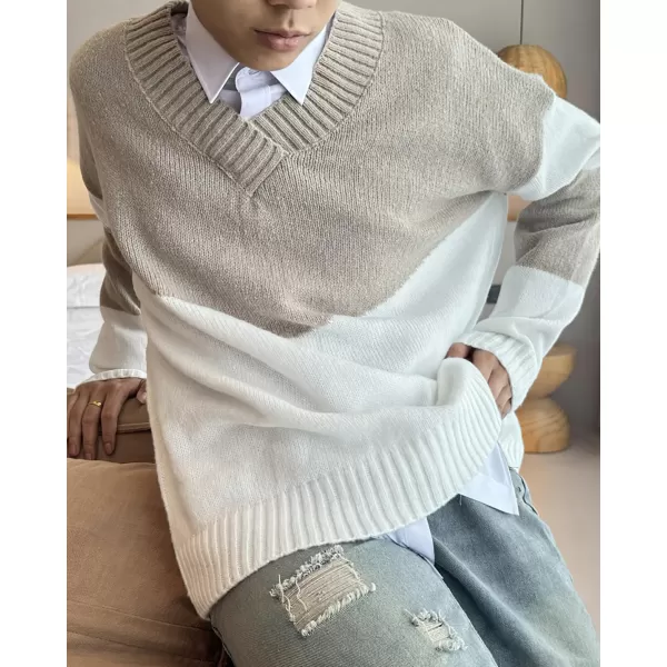 imagechouyatou Mens Color Block Striped VNeck Sweater Long Sleeve Loose Pullover Cable Knit Jumper TopGrey