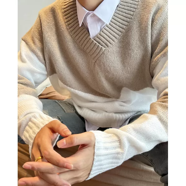 imagechouyatou Mens Color Block Striped VNeck Sweater Long Sleeve Loose Pullover Cable Knit Jumper TopGrey