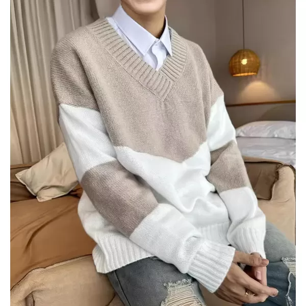 imagechouyatou Mens Color Block Striped VNeck Sweater Long Sleeve Loose Pullover Cable Knit Jumper TopGrey