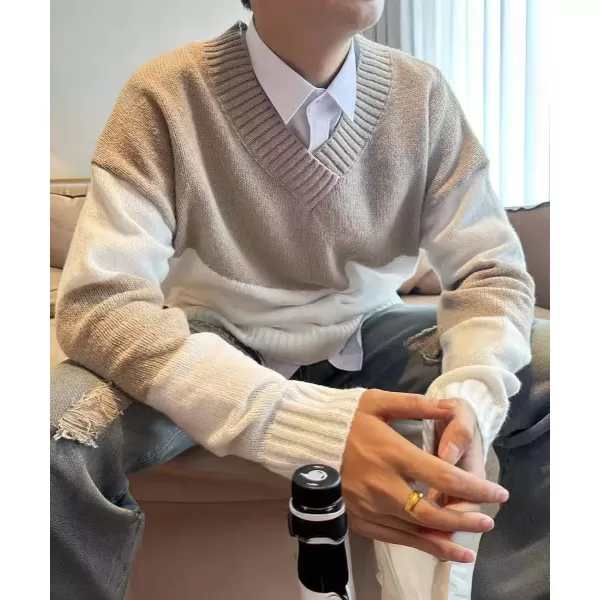 imagechouyatou Mens Color Block Striped VNeck Sweater Long Sleeve Loose Pullover Cable Knit Jumper TopGrey
