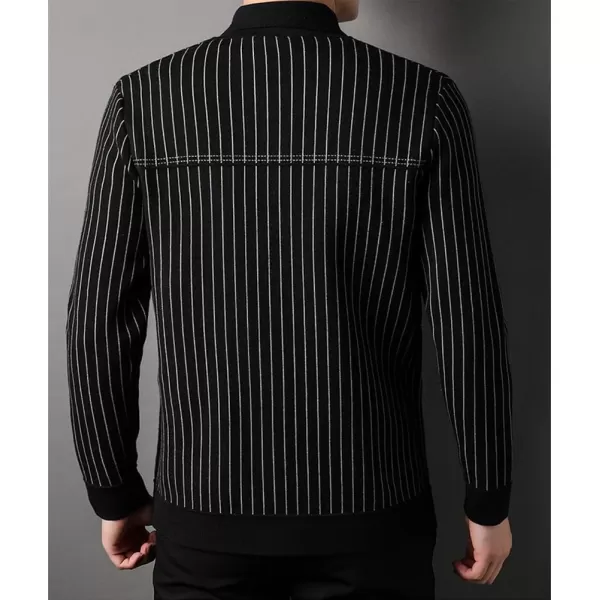 imagechouyatou Mens Vertical Striped Spread Collar Button Down Knit Sweater Trucker Jacket Cardigan TopsBlack